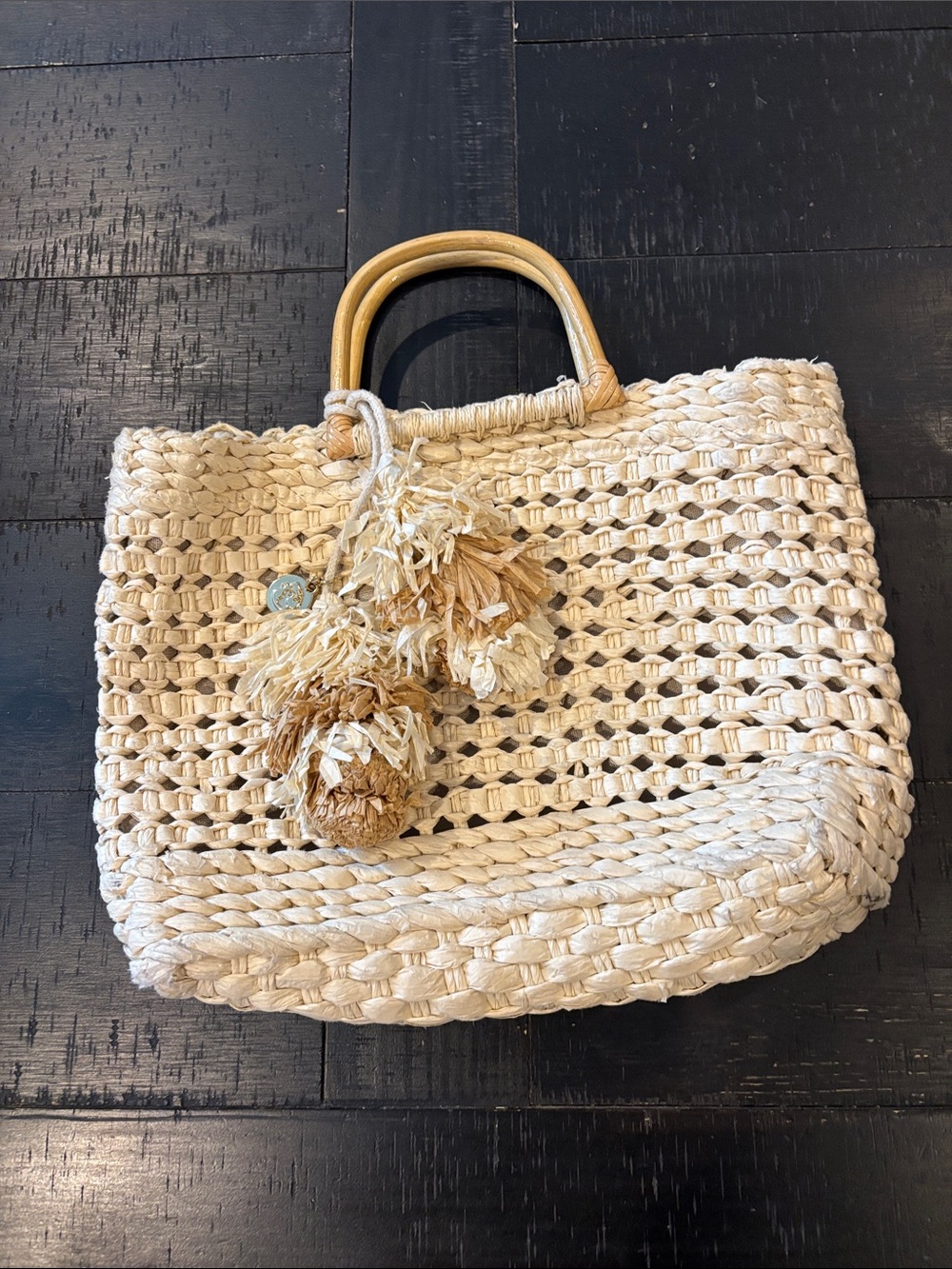 Spartina 449 Papyrus Woven Straw Tote Bag Pom-Pom Accent - Natural